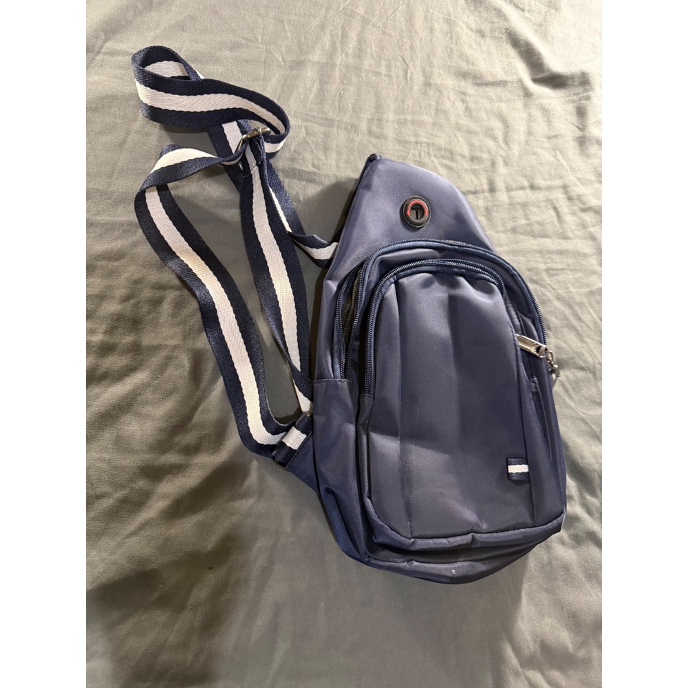 Navy Blue Nylon Crossbody Sling Bag Striped Strap Chest Pack with Headphone Port